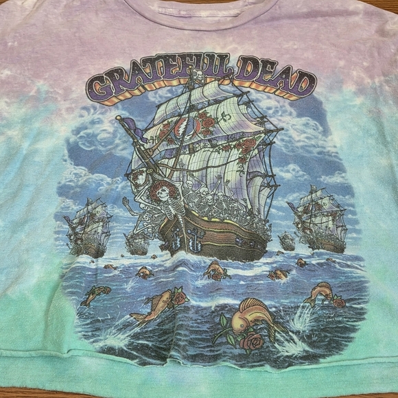 VINTAGE Y2K GRATEFUL DEAD Ship of Fools Liquid Blue Tie Dye T-Shirt Crop Top - Picture 3 of 10